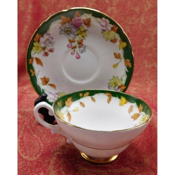 STANLEY PORCELAIN ENGLAND PINK & GREEN FLORAL SCALLOPED TEA CUP AND SAUCER - Picture 1 of 5